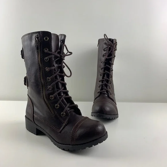 Unr8ed Shoes Unr8ed Dome Brown Faux Leather Lacezip Up Mid Calf Combat Boots Womens Sz 75m Poshmark